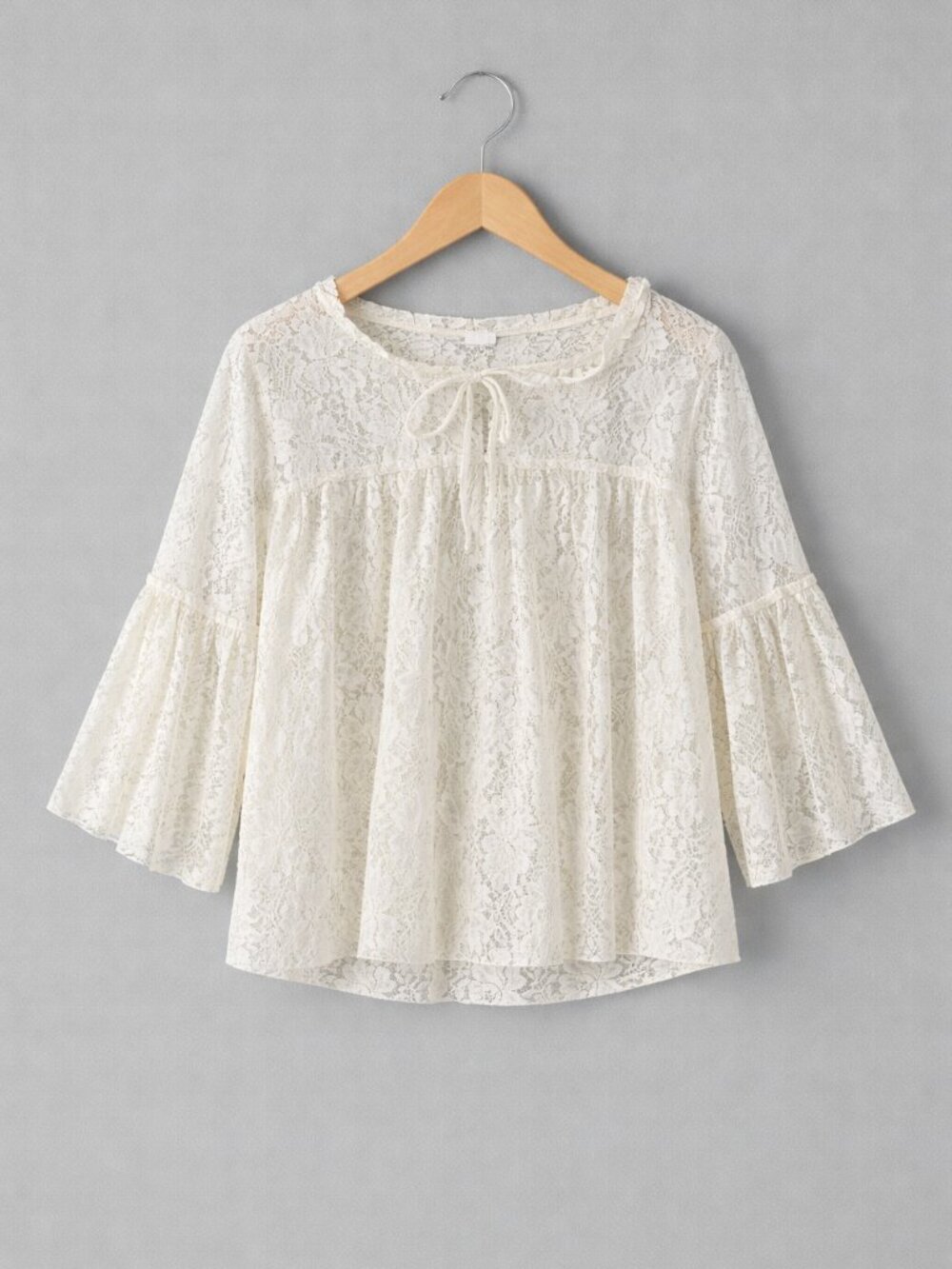 Country Cottagecore Lace Boho Blouse White Sheer Tie Neck Bell Sleeve Medium